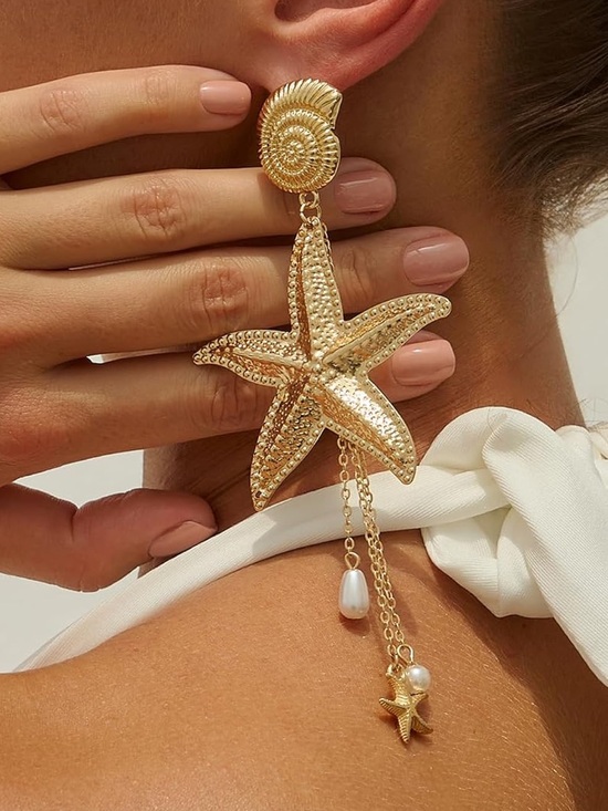 Anthropologie Jewelry - Anthropologie Gold Starfish Drop Earrings with Pearl and Chain Charms